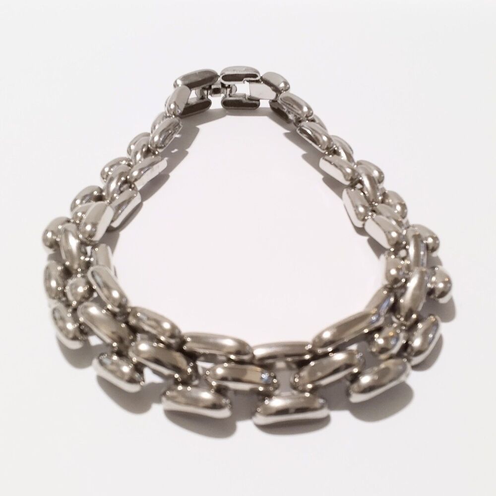 Vintage Silver Tone Chunky Triple Link Statement Necklace 17" - Picture 5 of 7